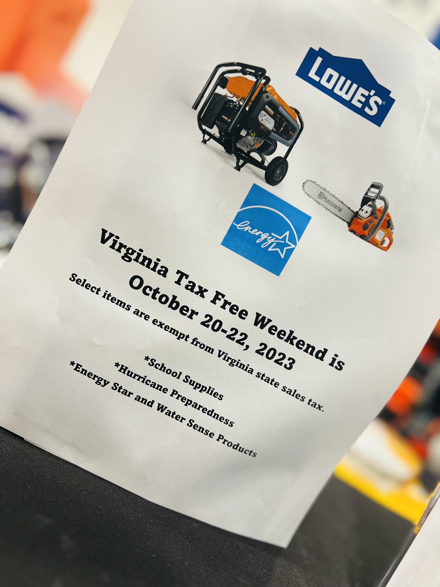 Lowe’s SASM (@lowes509) on Twitter photo ⚠️ Get ready for Virginia Tax Free Weekend Oct 20-22! 👏 Energy Star Products / Hurricane Prep / School Supplies <a href="/lowes509/">Lowe’s SASM</a> <a href="/GaryShanholtz/">Gary Shanholtz</a> @nmcmillan1369 <a href="/mikekcross1/">Michael Cross</a> <a href="/DulaneyMST1369/">Chris Dulaney</a> <a href="/lowes/">Lowe's</a> <a href="/BenitoKomadina/">Benito.Komadina@Lowes</a> ⚠️ Get ready for Virginia Tax Free Weekend Oct 20-22! 👏 Energy Star Products / Hurricane Prep / School Supplies <a href="/lowes509/">Lowe’s SASM</a> <a href="/GaryShanholtz/">Gary Shanholtz</a> @nmcmillan1369 <a href="/mikekcross1/">Michael Cross</a> <a href="/DulaneyMST1369/">Chris Dulaney</a> <a href="/lowes/">Lowe's</a> <a href="/BenitoKomadina/">Benito.Komadina@Lowes</a>
