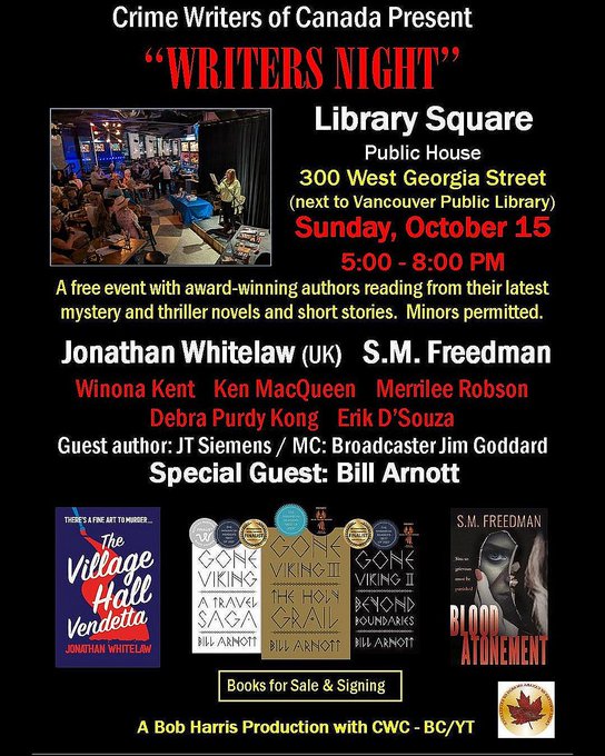 Me and Michael MacDonald and CWC-BC/YK were delighted to host your 1st visit to Vancouver, Jonathan! <a href="/JDWhitelaw13/">Jonathan Whitelaw</a> <a href="/billarnott_aps/">Bill Arnott</a> @SMFreedman <a href="/winonakent/">𝚆𝚒𝚗𝚘𝚗𝚊 𝙺𝚎𝚗𝚝 🇨🇦</a> <a href="/kmqyvr/">Ken MacQueen</a> <a href="/MerrileeRobson/">Merrilee Robson</a> <a href="/DebraPurdyKong/">Debra Purdy Kong</a> <a href="/ErikDSouzaReal/">Erik D'Souza</a> <a href="/JEREMYSIEMENS/">JEREMY SIEMENS</a> <a href="/crimewriterscan/">Crime Writers Canada</a>