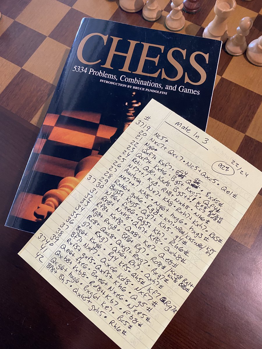 NerdyGeek's tweet image. Began the Mate In 3 section.

So far:
• completed 48 puzzles
• 2 1/2 hours - I set up on board
• Accuracy 91.7% - 44/48

#ChessDojo