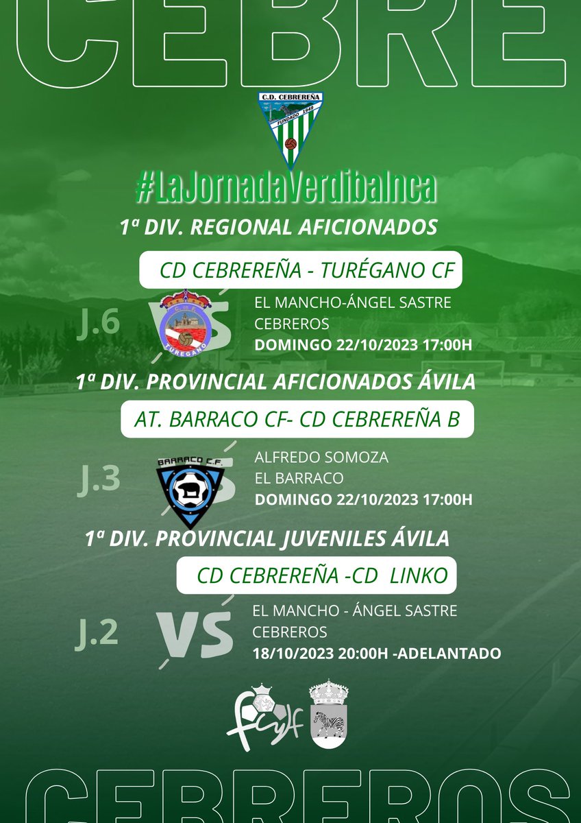 🗓️ Tras el partido juvenil que se ha disputado entre semana en El Mancho, así queda para el fin de semana la #JornadaVerdiblanca.

#VamosCebre