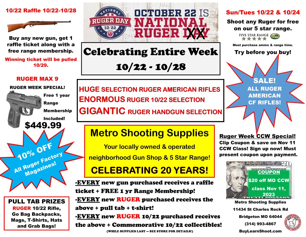 CELEBRATING RUGER 10/22 DAYS! METRO'S CELBRATION SALE RUNS 10/22-10/28! 2 WAYS TO WIN A RUGER 10/22 RIFLE! COME IN AND SAVE! #ruger #ruger1022 #rugeramerican #rugermagazines #raffle #rugerraffle #pulltabs #ruger1022days #sales #freerugerrentals #ccw #moccw #prizes #20years