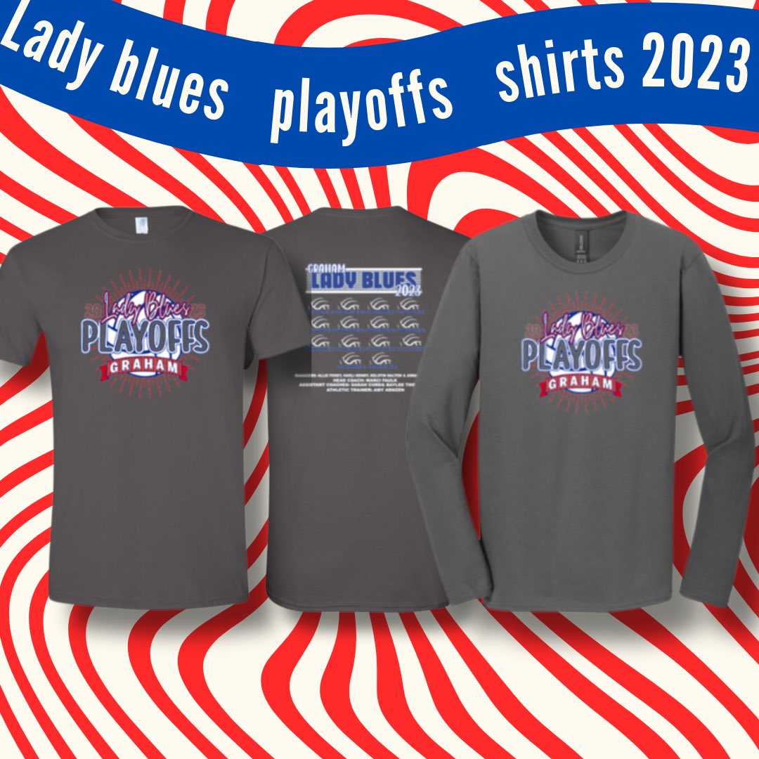 Here are our playoff shirts! You can find the link to purchase below. Note: orders need to be placed by noon Friday (10/20) to 
guarantee delivery for the 1st round of playoffs. The team roster is also on the back. Go Lady Blues! 🏐 lbvbplayoff2023.itemorder.com/shop/product/3…