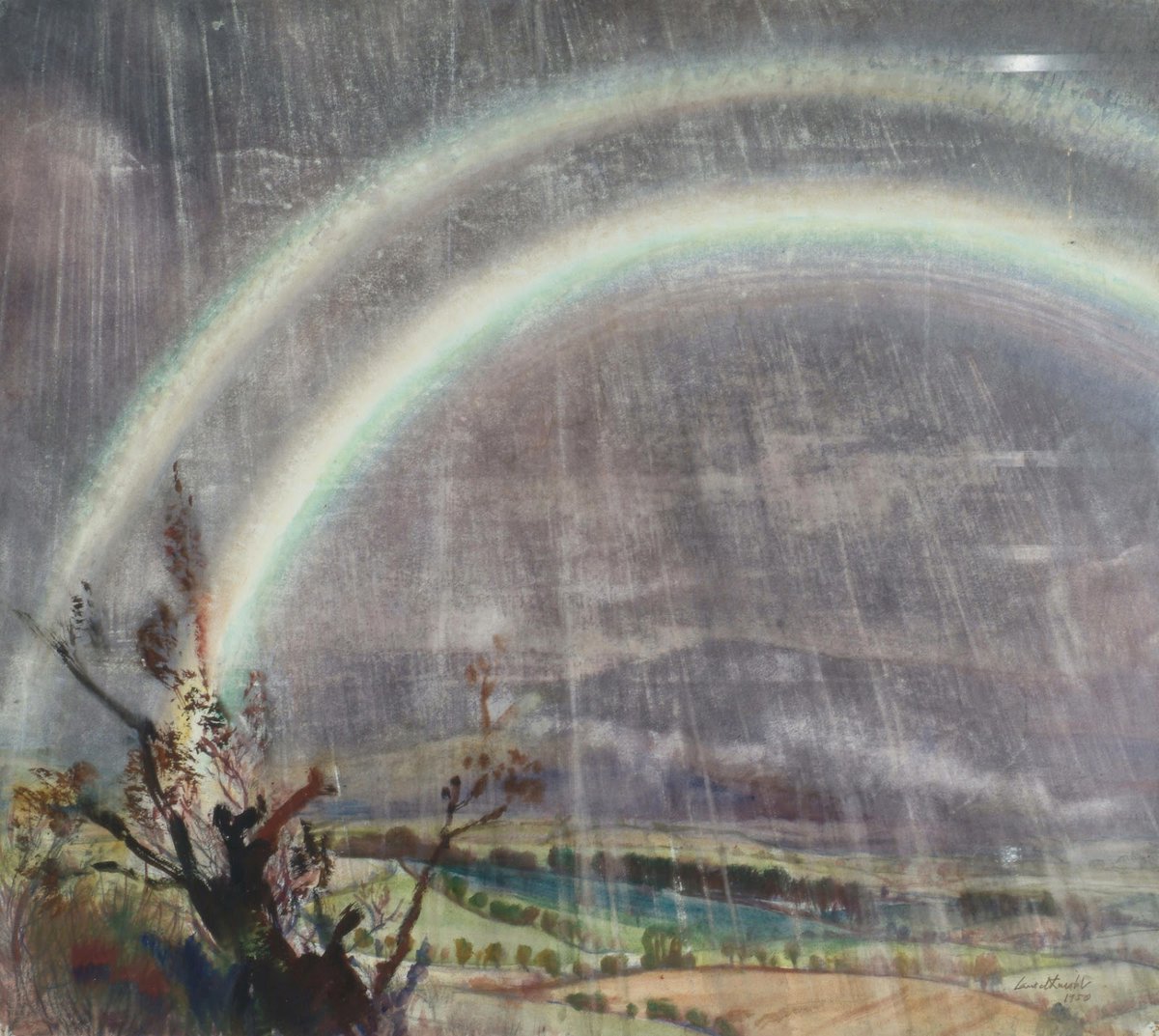 English painter Laura Knight, Rainbow and storm over a rural landscape, 1950 #WomensArt