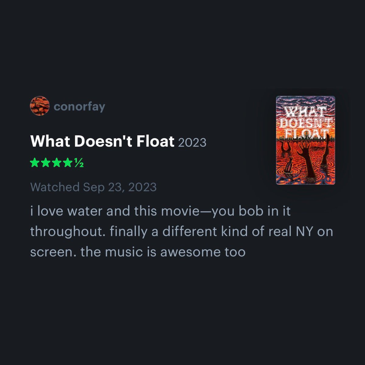 CircleCollectv's tweet photo. What the kings &amp; queens of @letterboxd have to say about #WhatDoesntFloat 👑 

LA is back this weekend ft’ing a Q&amp;A Sun with Luca Balser &amp; @claytatum at @musichall3 + opens Toronto at @RevueCinema w/ Luca in attendance Friday. Check https://t.co/usFrajKVHx for all tix &amp; more 🌊 https://t.co/f7n4IPx2xm
