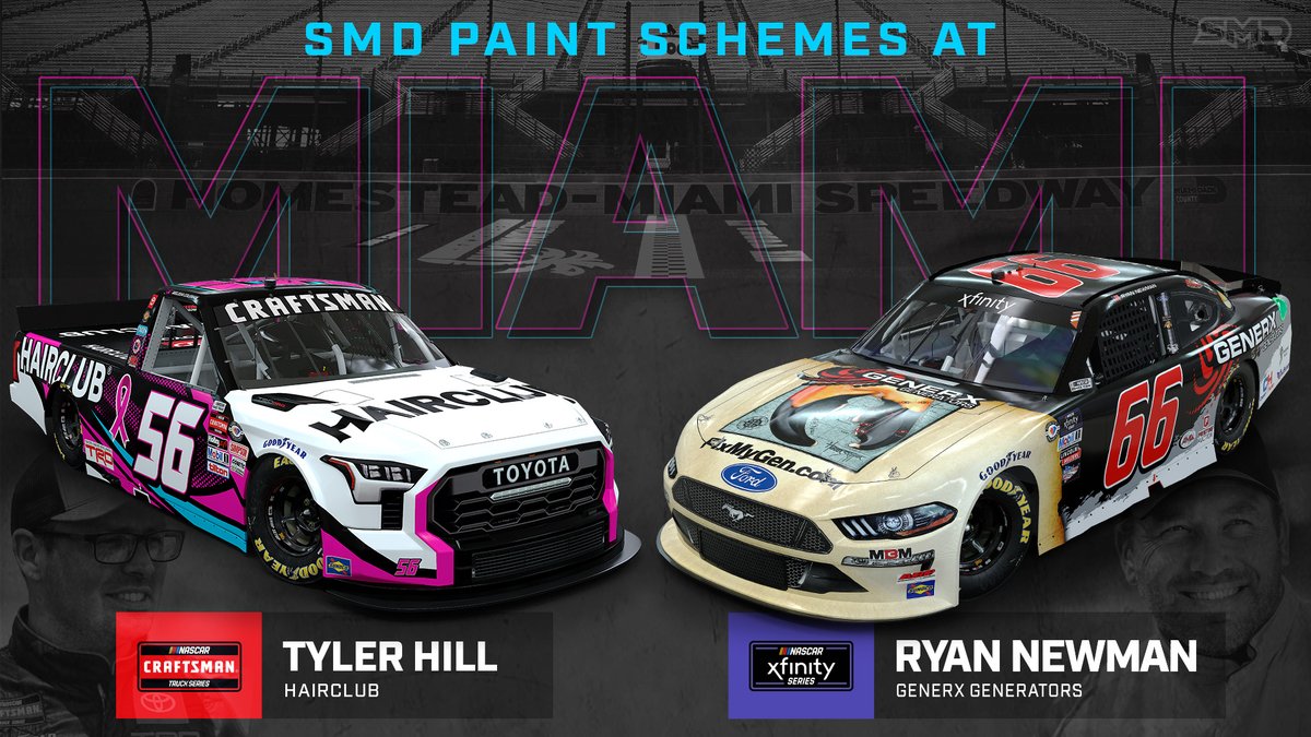 Check out the SMD paint schemes heading down to @HomesteadMiami this weekend. 🏁

@NASCAR_Xfinity:
#66 - @RyanJNewman / @GenerxGenerator

@NASCAR_Trucks:
#56 - @Tyler_Hill_ / @HairClub

@MBMMotorsports @TeamHill56 #NASCAR #PaintSchemeDesign