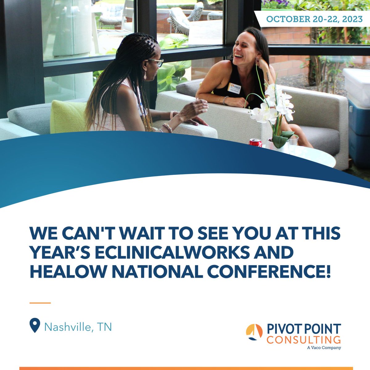 pivotpc's tweet image. Team members Jackie Simik and Kelly Mather will be on the ground at this year&apos;s @eClinicalWorks and @healowhealth National Conference tomorrow. Will they see you there? Let us know in the comments below! 👇

#conference | #events | #nashville
