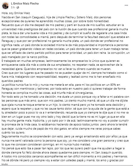 ▶️ TRISTE REALIDAD | 😭

Una joven se quitó la vida y dejó una carta en Facebook contando el porqué lo hizo.

Se mudó de Caaguazú a Central y, con mucho esfuerzo, se graduó, pero a pesar de eso afirmó que no pudo encontrar oportunidades para progresar en Paraguay.

La mujer