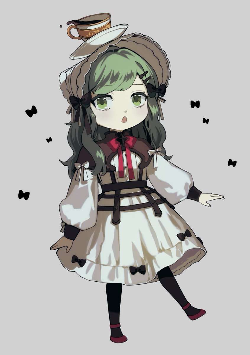 1girl solo green hair green eyes cup teacup bow  illustration images
