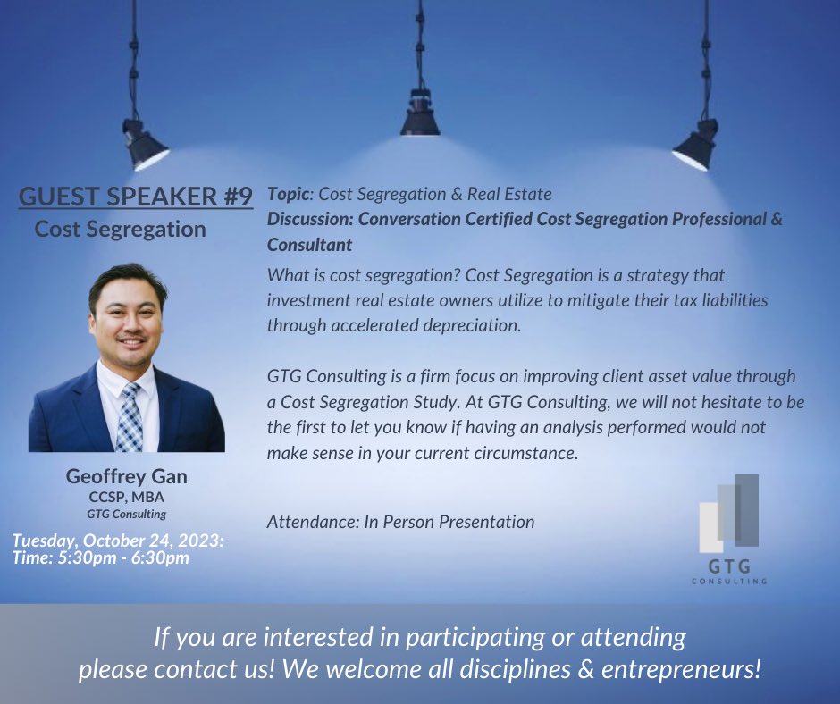VVRealtyGroup's tweet photo. Join us Tuesday, October 24, 2023 for a talk with a CCSP and Utilizing Cost Segregation for Real Eatate! Free drinks and appetizers. Location: The Row DTLA Time: 5:30pm-6:30pm

RSVP HERE:
https://t.co/VpBKc9wmbg https://t.co/qQ9huP49Va