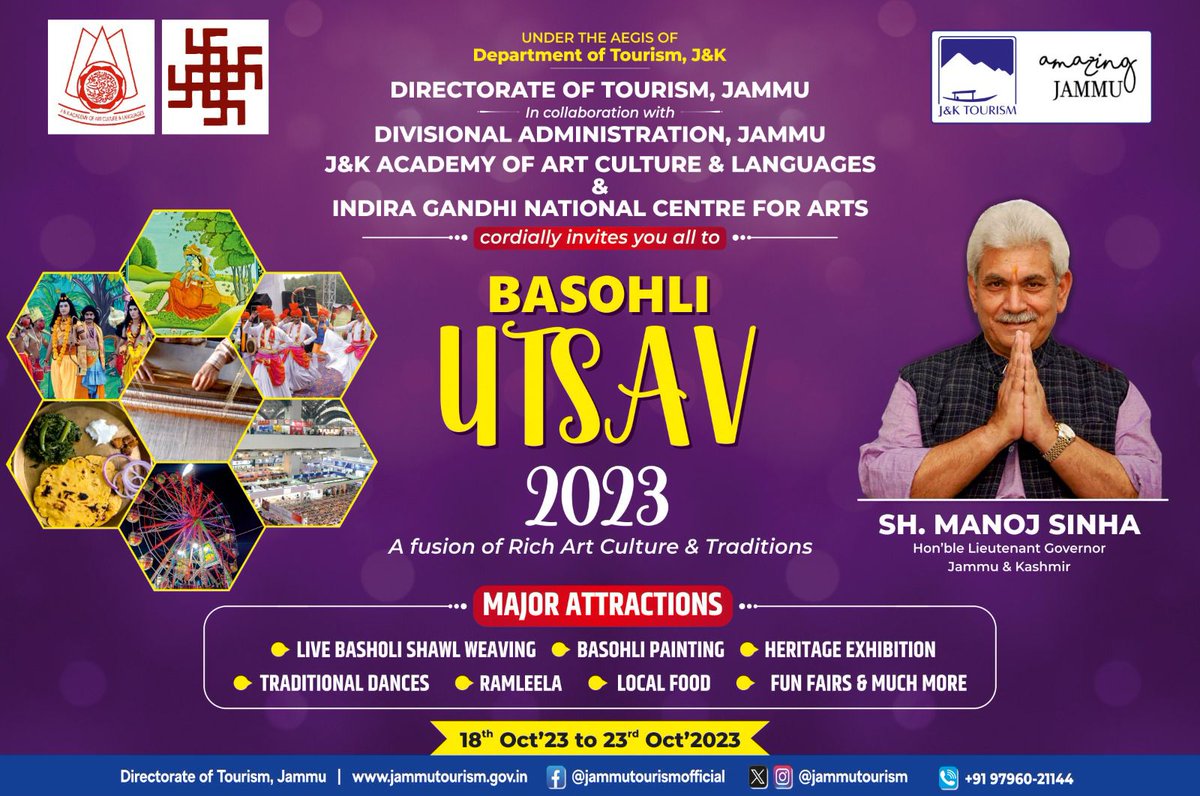 Basohli Utsav 2023 - Unleash the Essence of Art, Culture and Tradition.

Embark on a journey through the ages and unravel the splendid art, culture, and traditions of Basohli - where heritage and creativity unite.

Dates:18th Oct'23 to 23rd Oct'23
Location: Basohli