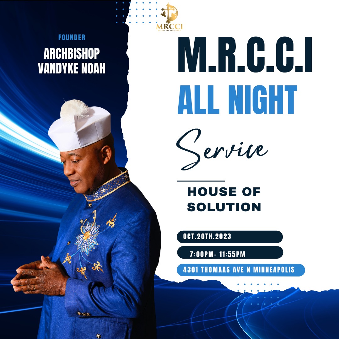 Join us this Friday, 20th, for our half night service from 7pm to 12am #houseofsolutions #prayer #prayerworks #mrcci 
Host is Archbishop-Dr VanDyke Noah