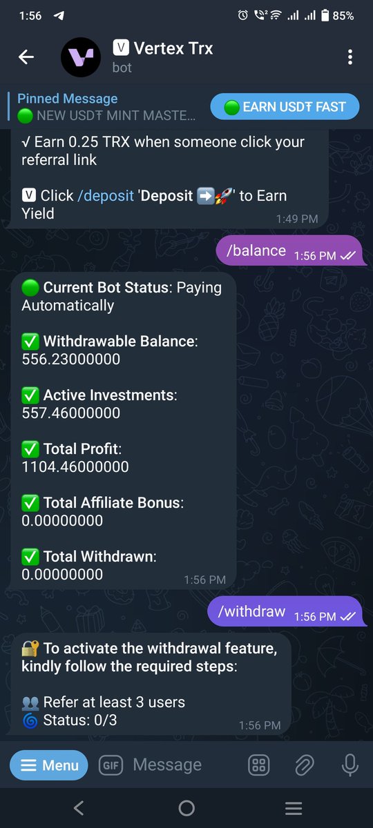 desiseoexpert's tweet image. Crypto bot not paying kindly don't waste Investment These Fake Bots 

🆅 Vertex Trx Deposit Assets To Earn Yield 

🟢 Current Bot Status: Paying Automatically

√ Withdraw any time, Lightning fast
√ Earn yield 140%, 200%, and 300%

#Scam #trxscam