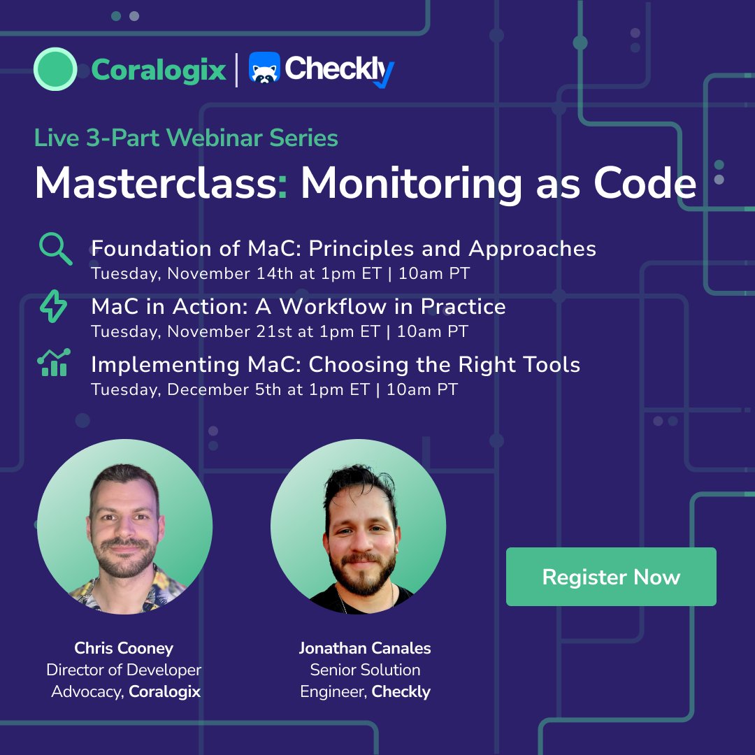 Join our free 3-part webinar on #MonitoringAsCode (MaC) with @checklyhq and @coralogix - we'll dive into #MaC principles, real-world applications, and key tools. 
Elevate your monitoring strategy + unlock new efficiencies. 
Starts Nov 14th. Save your spot!
go.coralogix.com/Masterclass-Mo…