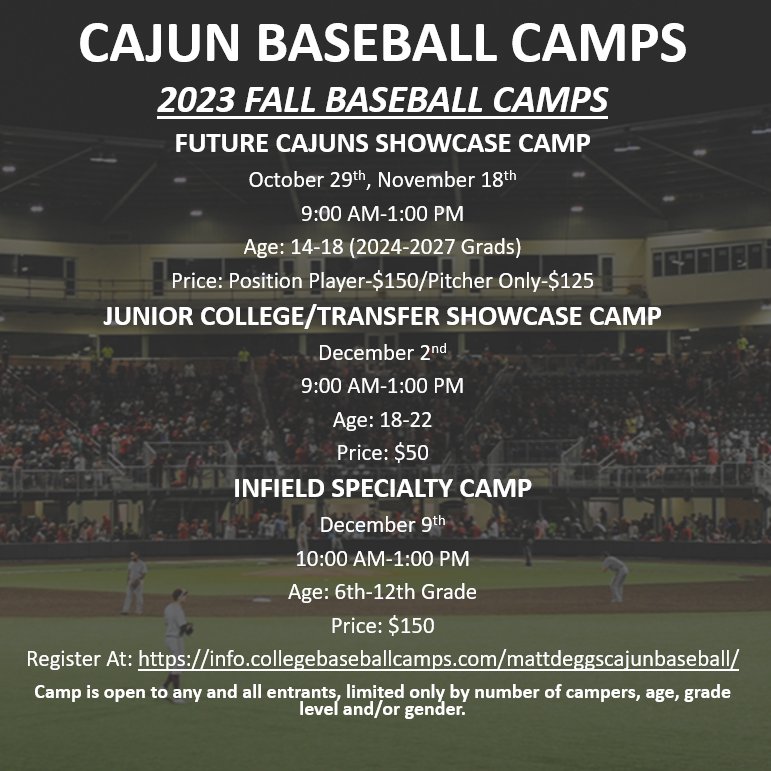 We have the rest of your Fall planned Out! Come Showcase and Learn from @CoachDeggs28 and his elite Coaching Staff on what it takes to play in the PACK! Sign up at: info.collegebaseballcamps.com/mattdeggscajun…