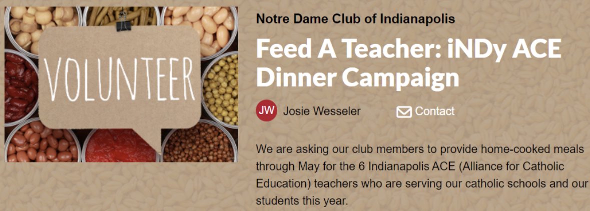 NDClubINDY's tweet photo. ND’s ACE Program sends new teachers to Catholic schools in need/provides education to those teachers. We have 6 teachers serving the Indy community. We’d like to make their lives a bit easier by providing homemade meals to their household! Sign up here:
https://t.co/5PCvU4JBvn https://t.co/RG3Ev0sBs0