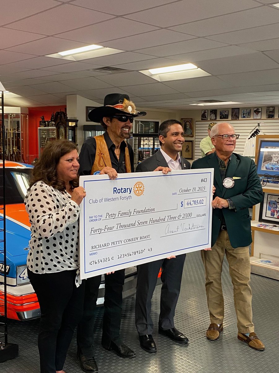 As you may have heard, a comedy roast for NASCAR legend Richard Petty was held last month, with all proceeds going to support The Petty Family Foundation. Today, the Western Forsyth Rotary Club presented the Foundation with a check.