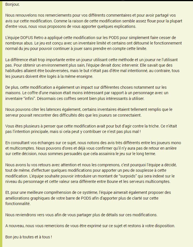 <a href="/DOFUSfr/">DOFUS</a> <a href="/__logan_/">Logan</a> <a href="/GeDUSK/">DUSK</a> 

Merci pour votre retour.

La communauté Dofus Retro est prête à discuter avec vous, notamment via des sondages sur l'avenir du jeu, comme celui réalisé pour le donjon des forgerons. Nous pouvons facilement convenir que les intérêts et les impacts