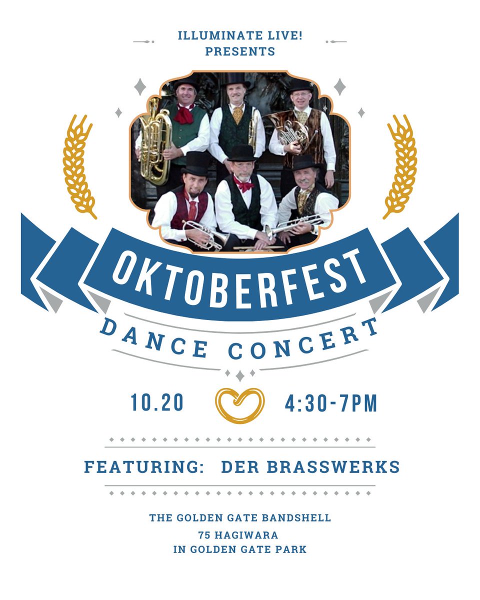 Celebrate Oktoberfest tomorrow, Friday October 20, with Der Brasswerks at the @GoldenGatePark Bandshell! The free live dance concert starts at 4:30pm, bring the family and enjoy and evening in the park! #livemusic #sanfrancisco @RecParkSF