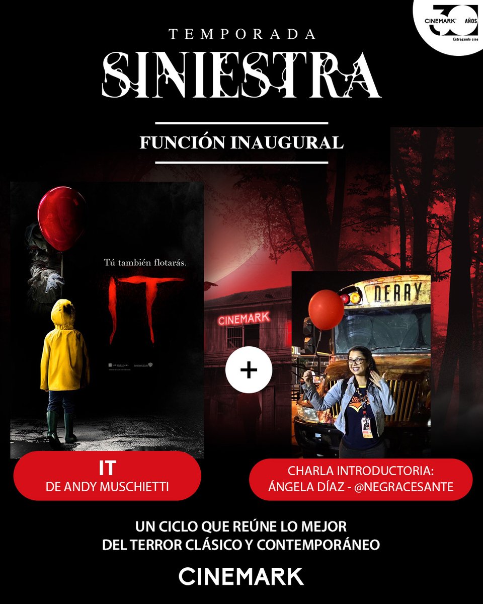 🎈CONCURSO FLOTADOR 🎈
¿Quieres ver IT y participar en una charla de terror?

Dale RT a este tweet y estás participando por invitaciones para la inauguración de la Temporada Siniestra 😈

¿Cuándo?
Martes 24 de octubre - 19:15hrs.

¿Dónde?
En Cinemark Mallplaza Vespucio.