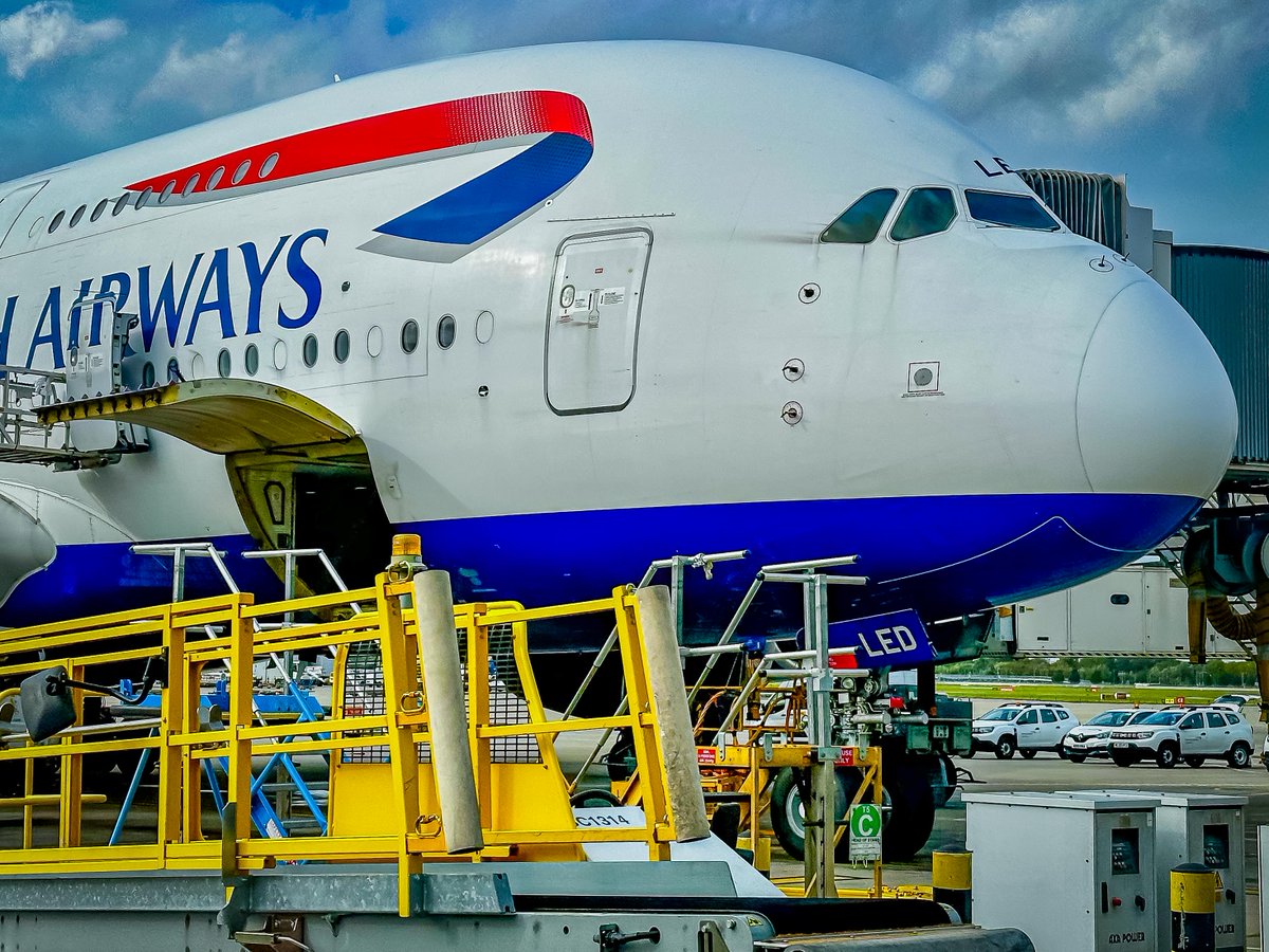 Airbus A380 G-XLEA, G-XLED and G-XLEG of British Airways at Heathrow Terminal 5, September 2023 #AvGeek