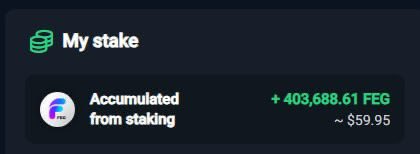FEGtoken's tweet photo. An example staking image from one of our community members. 🙋🏻‍♂️

These rewards roughly would be $18000 at $FEG ATH. 🤩💰

Create a good bag of stake for the next bull run. 💼 https://t.co/cWdNXTgQR9