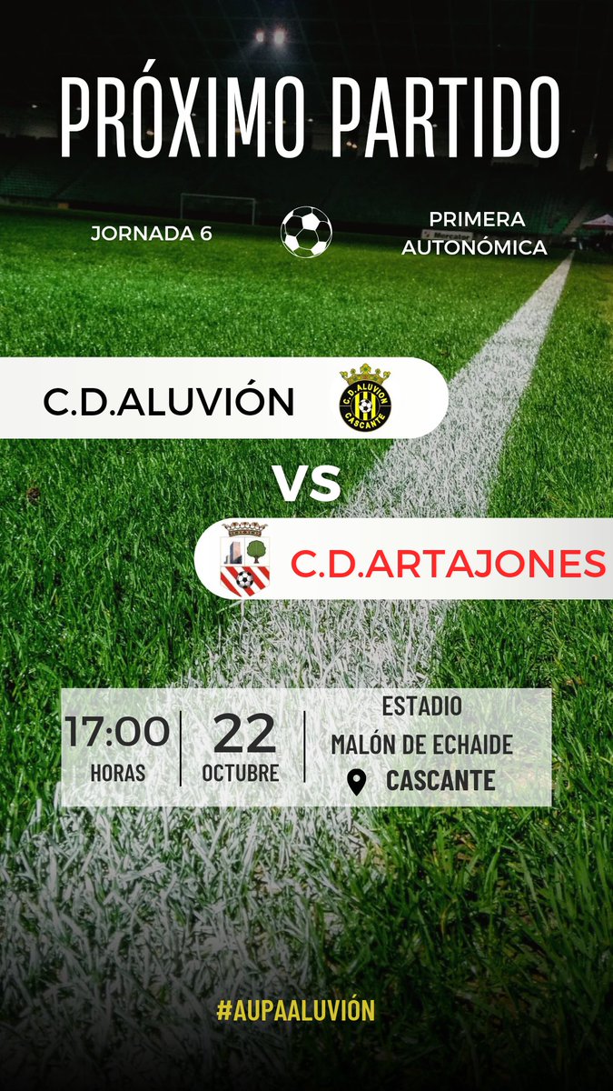 Este domingo 22 de octubre a las 17:00H nos enfrentamos al <a href="/CAArtajones/">C.A. Artajones</a> , partido correspondiente a la sexta jornada liguera.

#Aupaaluvión