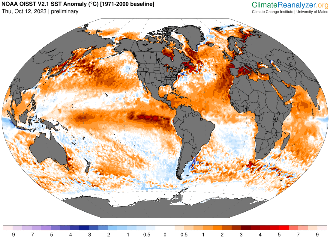 SergeZaka's tweet photo. 19 octobre, la température mondiale de la surface [0-2m] des océans est toujours a des niveaux estivaux à mille lieues de la norme 1982-2011.
Depuis le 13 mars, nos océans battent quotidiennement leurs records de température. 39% du globe enregistre une canicule marine. Oui, 39%. https://t.co/7IKLqnZaHr