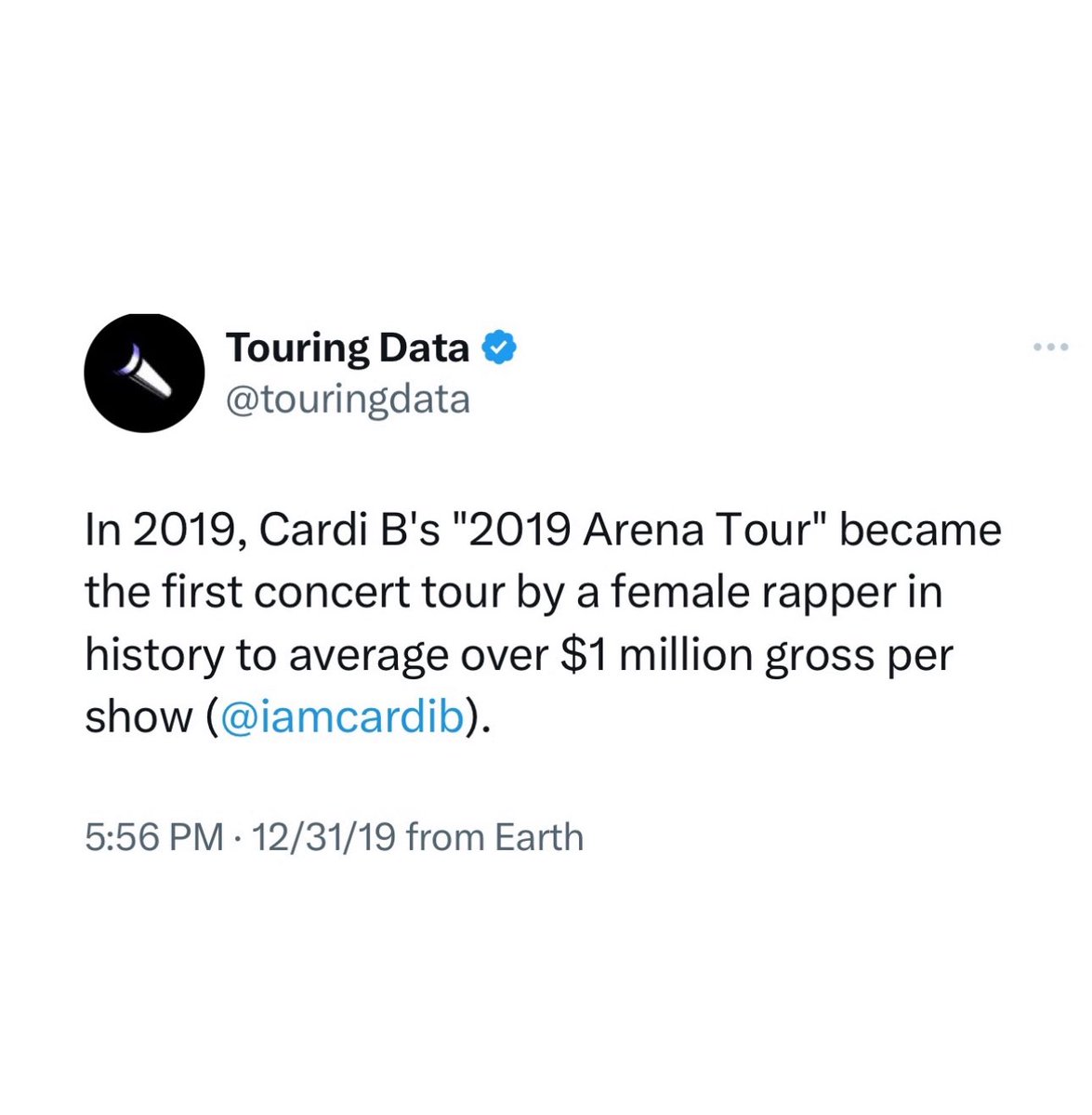 itsKenBarbie's tweet photo. FUN FACT: Cardi B was the HIGHEST grossing female rapper on tour in 2019 earning $12.3 MILLION in just 9 ARENA shows for an average gross of $1.36M a show.

The ONLY female rapper to EVER avg $1M or more per show. Are you looking forward to Bardi hitting the road in the future? https://t.co/NMsdgXFiEn