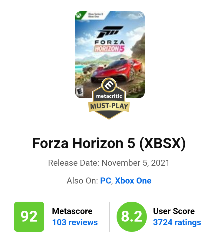 metacritic on X: Forza Horizon 4 is a Metacritic Must-Play with a Metascore of 92: / X