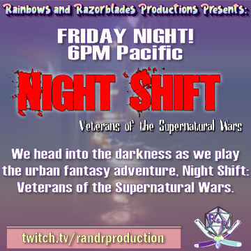 RandRProduction's tweet photo. In one hour! Join us at 6PM Pacific join GM @PhantomNJ_DnD for a part one of a two episode run of Night Shift, Veterans of the Supernatural Wars from @ElfLairJasonTLG / Elf Lair Games!

https://t.co/GBO5xnMmPk

#ttrpg #tabletopgames https://t.co/NpE6lEvf8B