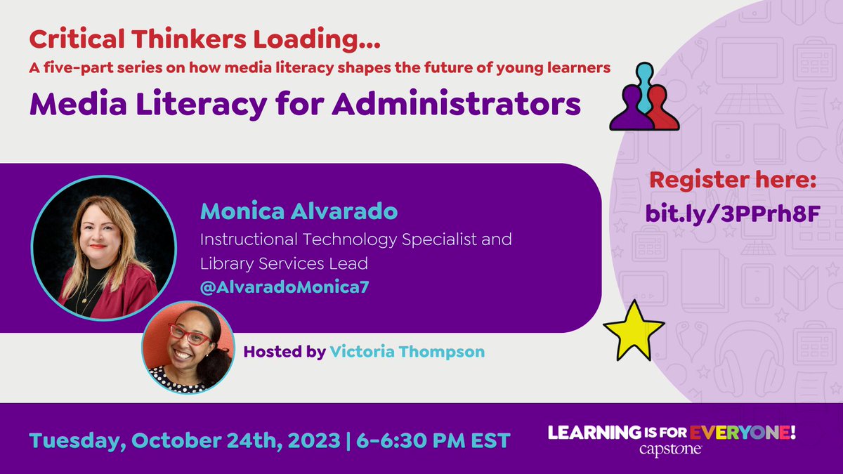 What is the impact that administrative support for media literacy has on learning communities? 🏫🏠 Find out more on Tuesday, October 24th at 6 PM ET during the fourth session of #CriticalThinkersLoading with @AlvaradoMonica7! 🧠⏳ Register here ➡️ bit.ly/3PPrh8F
