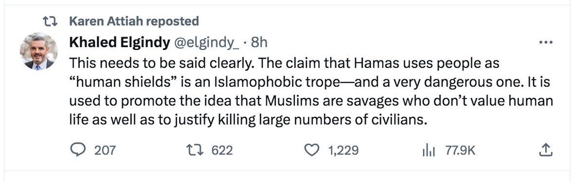 AGHamilton29's tweet photo. The racist WaPo editor who celebrated Hamas’ attacks as “decolonization” today promoted the idea that claiming Hamas uses human shields is Islamophobic. Same day a Hamas manual was uncovered that urges taking hostages as “human shields”

(H/t @JerylBier) https://t.co/xv8vUq2fQh