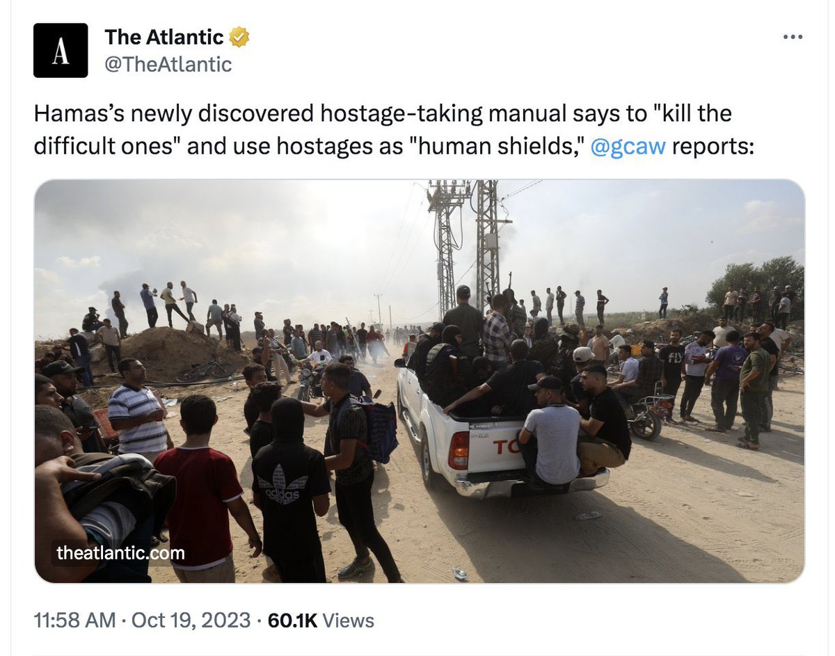 AGHamilton29's tweet photo. The racist WaPo editor who celebrated Hamas’ attacks as “decolonization” today promoted the idea that claiming Hamas uses human shields is Islamophobic. Same day a Hamas manual was uncovered that urges taking hostages as “human shields”

(H/t @JerylBier) https://t.co/xv8vUq2fQh