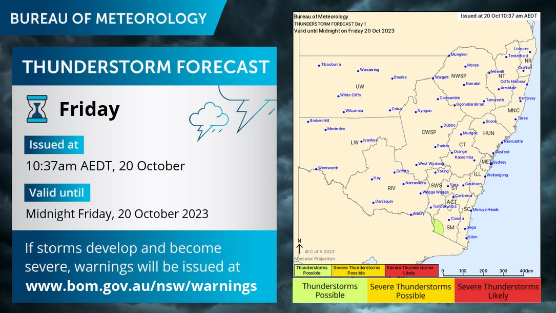 BOM_NSW's tweet photo. #NSW #Thunderstorm #forecast for today (20/10): Storms possible about the #SnowyMts this afternoon and early evening. No severe activity is expected. check latest forecasts:https://t.co/GNIcSoDP2p https://t.co/jlYARYd8TR