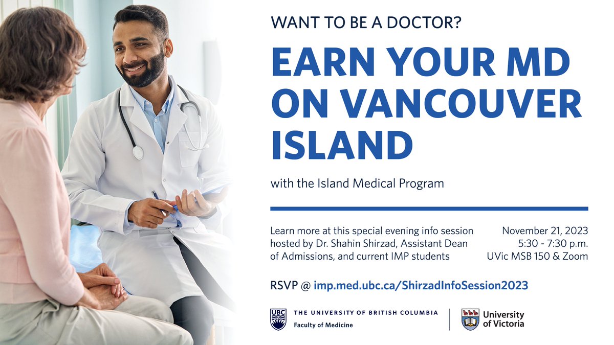 Island Medical Program (@ubcimp) on Twitter photo Want to go to #medschool on #VancouverIsland? Check out the <a href="/UBCIMP/">Island Medical Program</a> info session with Dr. Shahin Shirzad & current IMP students on Nov. 21 at 5:30 pm to learn how you can earn your @UBCmedicine MD at <a href="/uvic/">UniversityOfVictoria</a>. Register to attend in-person or online at imp.med.ubc.ca/ShirzadInfoSes… Want to go to #medschool on #VancouverIsland? Check out the <a href="/UBCIMP/">Island Medical Program</a> info session with Dr. Shahin Shirzad & current IMP students on Nov. 21 at 5:30 pm to learn how you can earn your @UBCmedicine MD at <a href="/uvic/">UniversityOfVictoria</a>. Register to attend in-person or online at imp.med.ubc.ca/ShirzadInfoSes…