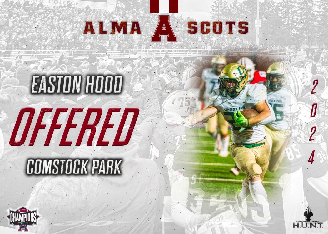 Easton Hood (@hoodyboy22) on Twitter photo After a great talk with <a href="/AlmaCoachCole/">Scotty Cole</a> I am blessed to receive an offer to play football at Alma College. Go Scots!! <a href="/CoachCouchAlma/">Jason Couch</a> <a href="/CoachSamz/">Doug Samuels 🏈</a> @trainwith_ns After a great talk with <a href="/AlmaCoachCole/">Scotty Cole</a> I am blessed to receive an offer to play football at Alma College. Go Scots!! <a href="/CoachCouchAlma/">Jason Couch</a> <a href="/CoachSamz/">Doug Samuels 🏈</a> @trainwith_ns