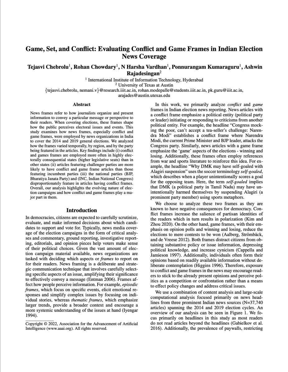 Our recent paper “Game, Set, and Conflict: Evaluating Conflict and Game Frames in #indianelection News Coverage” W/ @tejasvichebrolu @R_Ashwin @Harsha20032020 & Rohan Paper: arxiv.org/pdf/2310.04331… #Elections #Politics #Media #IndianPolitics #framing Findings 🧵 👇