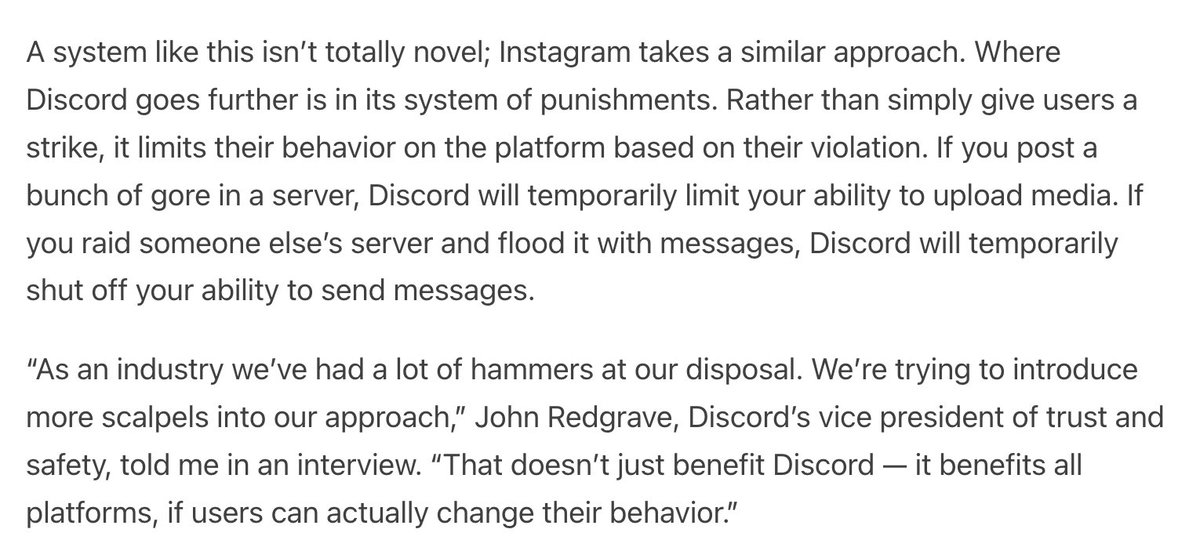 I wrote about Discord’s fascinating experiment in trying to rehabilitate wayward teenage trolls. It’s a welcome reminder that trust and safety teams can innovate ➡️ platformer.news/p/inside-disco…