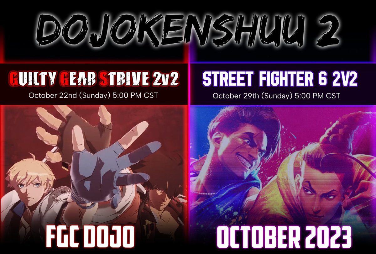 Alright gamers, we got Dojokenshuu #2 figured out! This month's theme is friendship, so grab one (or bribe one) and stop by for our 2v2 tourneys!  

This Sunday is Strive! Maybe with the power of friendship hackerman won't show up.

start.gg/tournament/doj…