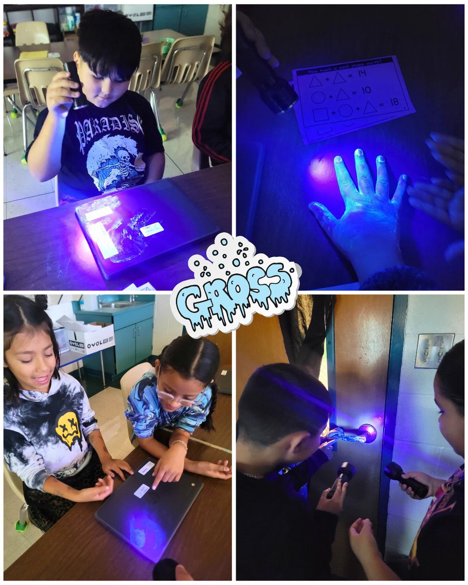 TimberwolvesGT's tweet photo. Great Thinkers were greeted by me with Glo-Germ secretly applied to my hands! We investigated with black lights to track how quickly and effectively bacteria and microbes can spread from person to person and around the room. #WhyGT #NorthsideGT #RootEdLinton @NISD https://t.co/tsnCtIJTPp