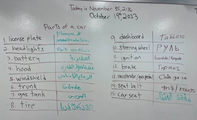REEP Volunteer Teacher Leo D. reviewed parts of a car in today's high beginning ESL class. Students translated the parts into their native language and shared with the class! Students shared in French, Amharic, Arabic, Turkish, Georgian, Spanish, Russian and Vietnamese! #carparts