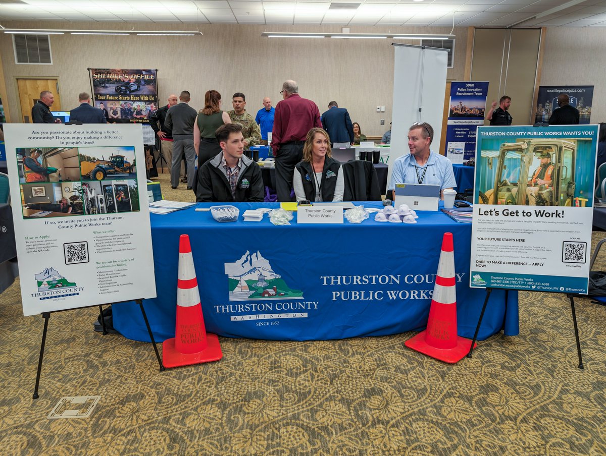 Thurston_PW's tweet photo. Visit the #ThurstonCounty Public Works team at the @RecruitMilitary Job Fair at #JBLM today until 3 p.m. You can check out our open jobs at https://t.co/pKZK1gb1OS. #upgradeyourcareer https://t.co/7AbB4q80s2