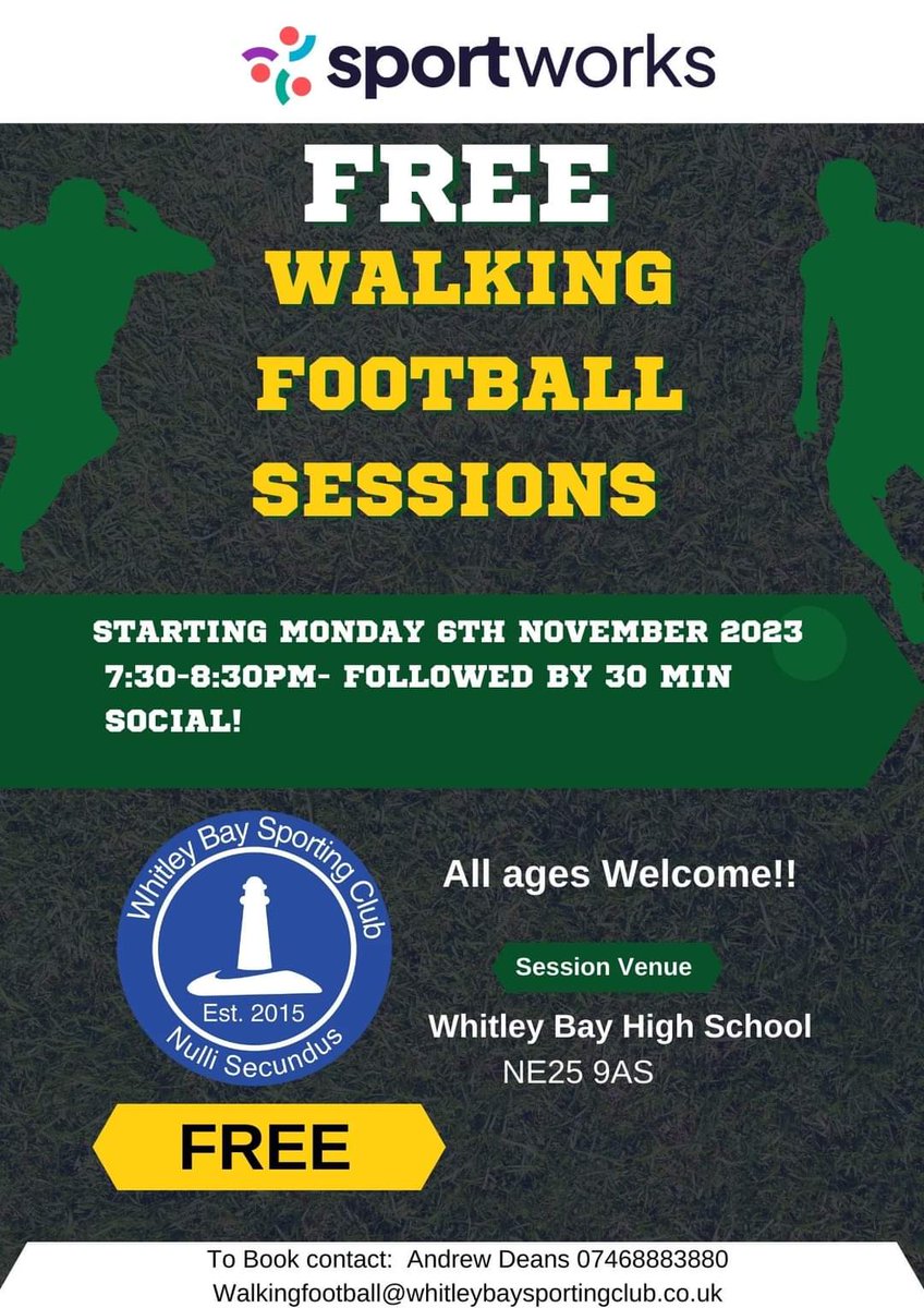 Delighted to start our walking football sessions next month.
Please wear trainers and bring a drink. Sign up info below.
Thank you to Sportworks for their help in getting this started.