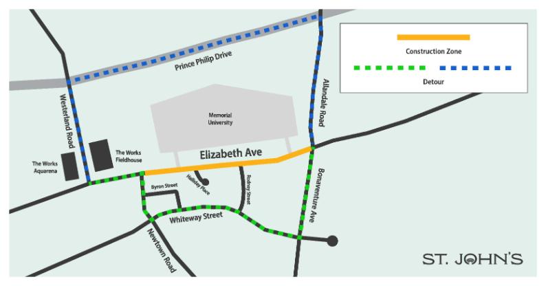 Are you attending convocation tonight? Don't forget to avoid the construction on Elizabeth Ave when travelling to the Arts and Culture Centre! Take extra time to plan your approach, as there is 🚧 no access 🚧 to Elizabeth Ave between Westerland Rd and Allandale Rd. #MUNgrad2023