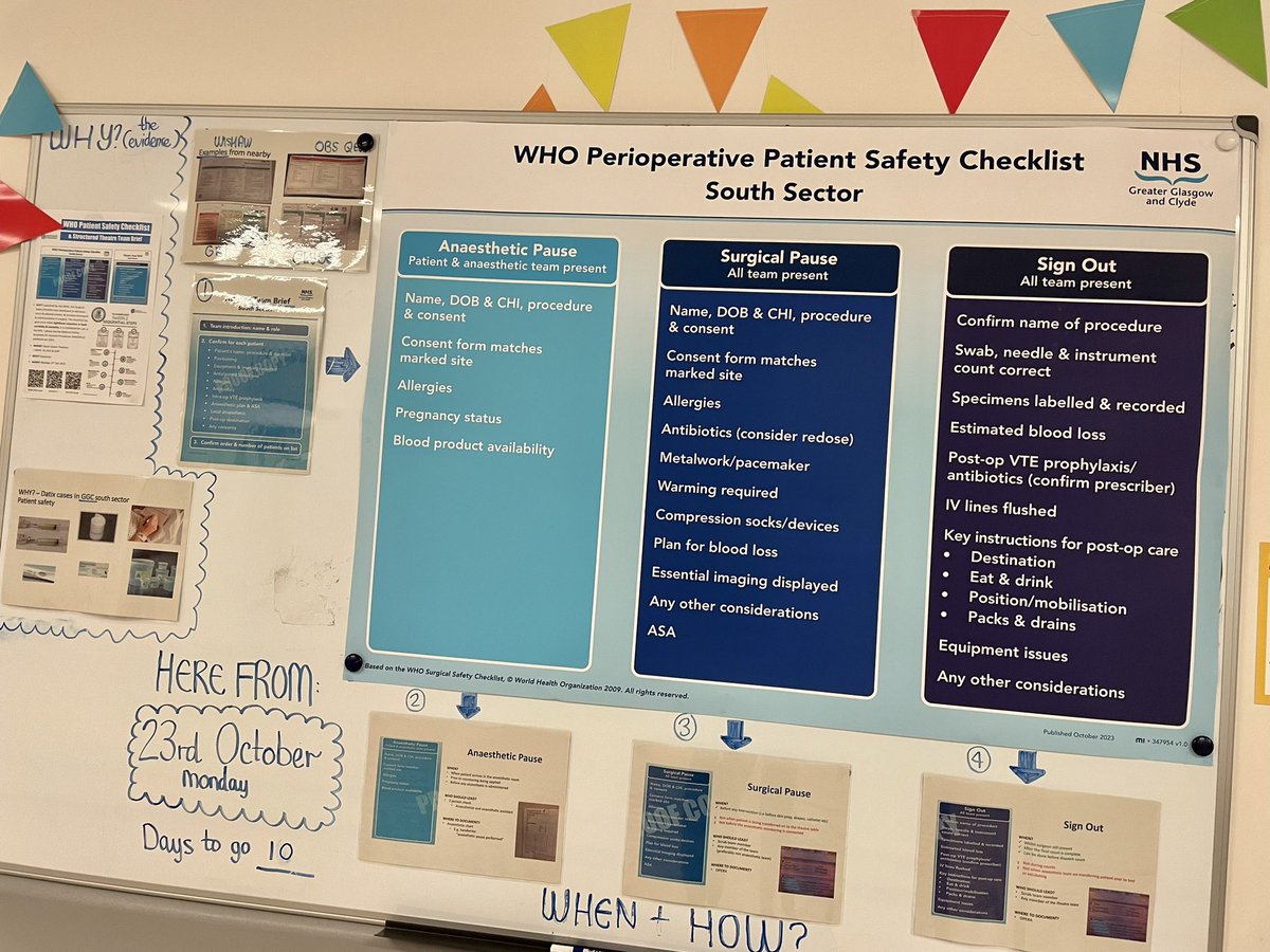 Information boards looking fabulous @Qeuhtheatres and @NewVicACHDSU ahead of Monday. Our launch date of our WHO Perioperative Patient Safety Checklist 
#learningfromexcellence #patientsafety  @LenkaScurk 🎉👏