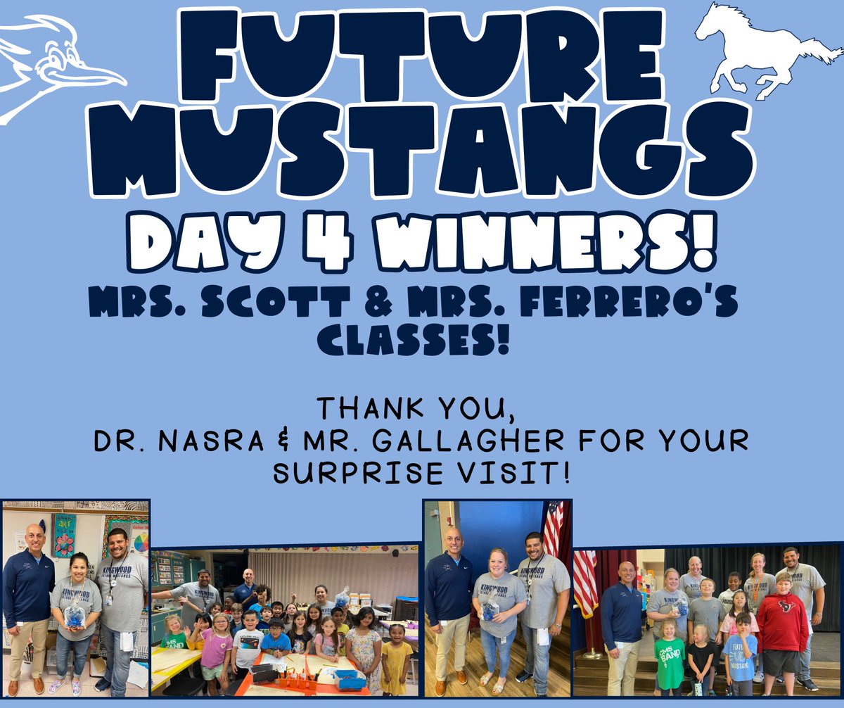 HumbleISD_HHE's tweet photo. Congratulations, @meghinscott &amp; @ferrerohhe's classes for winning day 4! #KingwoodALLIN #futuremustangsweek Thank you, @nasra_michael and Mr. Gallagher for making their day! 💙🐴🤍 https://t.co/IiICs0Dp08