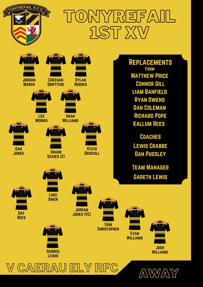 🚨Team Announcement🚨

Here is the Tonyrefail team to face Caerau Ely RFC at Trelai Park on Saturday 

The boys are eager to get the jerseys back on and pick up where they left off so all your support is greatly received 

⚫️🟡