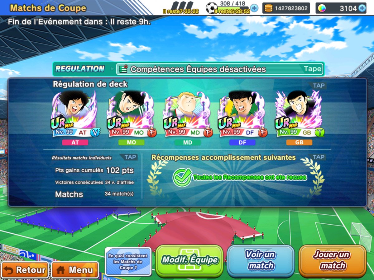 tomate_jus's tweet photo. #captaintsubasadreamteam 
Cup osef du jeu en fin de vie. 2 sans fautes de suite. 2/3 de bots et AFK, le tiers restant avec les persos BattlePass, avec la RNG TOUJOURS atrocement en leur faveur. Klab favorise les seuls débiles qui leur donnent du fric en 2023, c’est trop voyant. https://t.co/vhZ7PLqKxD