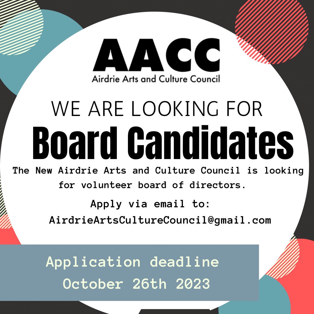 The Inaugural Airdrie Arts &amp; Culture Committee requires diverse community leaders who are passionate, knowledgable, and want to shape the future of our cultural landscape.

YOU DO NOT HAVE TO BE AN ARTIST TO APPLY. All professional backgrounds and skillsets are welcome.