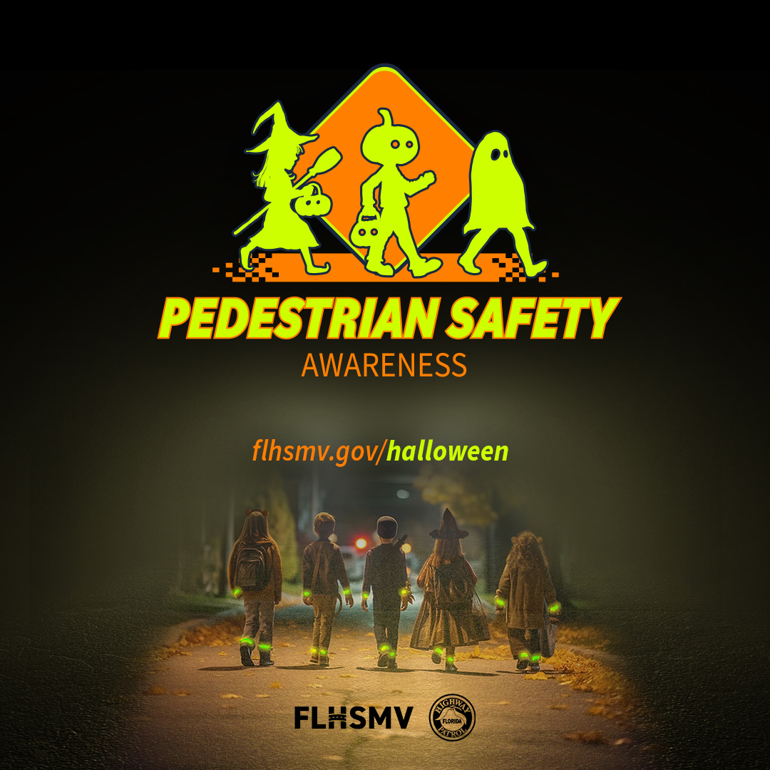 FLHSMV's tweet photo. 🎃As you gear up for your Halloween activities this month, stay safe.

It is important for both motorists and pedestrians to remain vigilant on the roadway and behind the wheel.

☠️Spooky SZN is upon us, but Safety SZN is year-round.

https://t.co/wmfYj8UimR https://t.co/3xscaRcDHY
